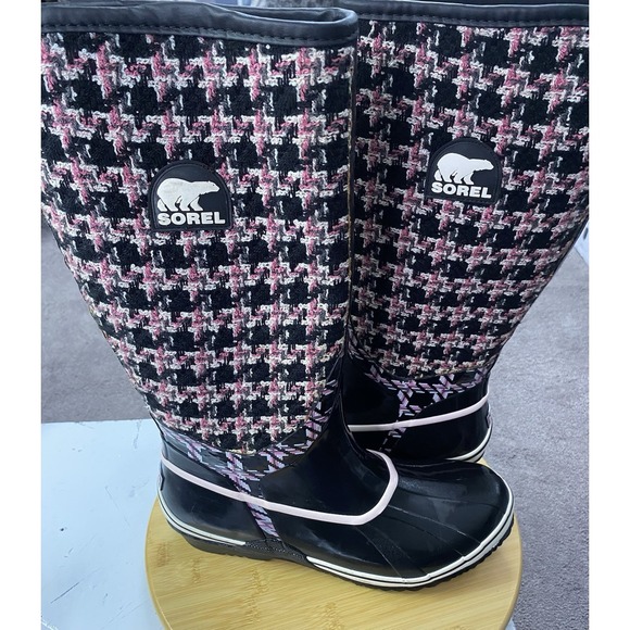 SOREL Women Sz 10 Pink &Black Tweed Fabric & Rubber Waterproof Winter Calf Boots - Picture 1 of 16